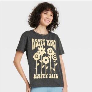 🦋 Modern Lux Grey Yellow Happy Mind Happy Life Graphic Short Sleeve T-Shirt